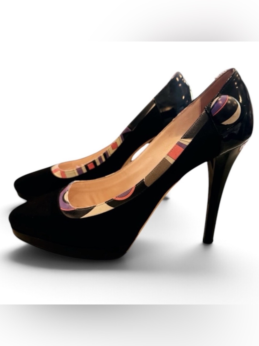 Emilio Pucci Vintage Y2K Black Suede Patent Platform Pumps 38.5